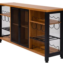 VEVOR Industrial Bar Cabinet, 55 Inch Rustic Oak, 330 LBS Wine Table for Liquor with Wine Racks (24 Bottles), Glass Holders and Metal Sideboard, Farmhouse Wood Coffee Bar for Living Room, Dining Room