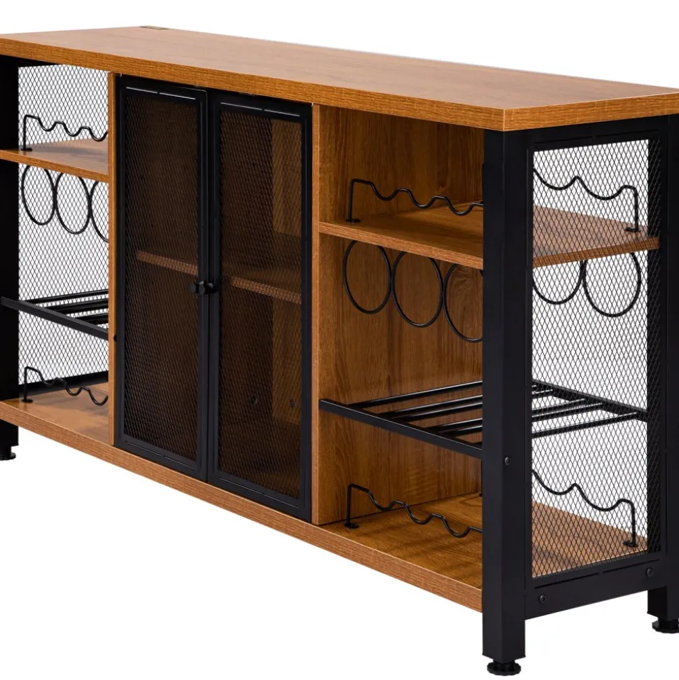 VEVOR Industrial Bar Cabinet, 55 Inch Rustic Oak, 330 LBS Wine Table for Liquor with Wine Racks (24 Bottles), Glass Holders and Metal Sideboard, Farmhouse Wood Coffee Bar for Living Room, Dining Room