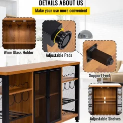 VEVOR Industrial Bar Cabinet, 55 Inch Rustic Oak, 330 LBS Wine Table for Liquor with Wine Racks (24 Bottles), Glass Holders and Metal Sideboard, Farmhouse Wood Coffee Bar for Living Room, Dining Room