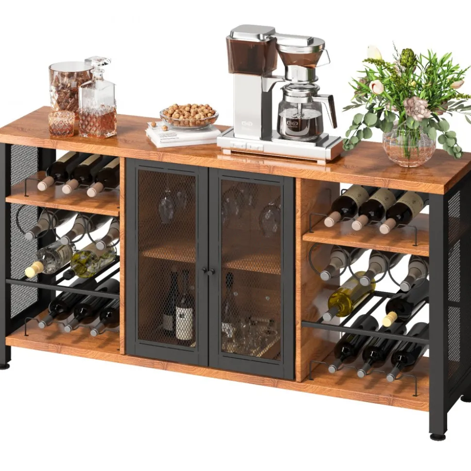 VEVOR Industrial Bar Cabinet, 55 Inch Rustic Oak, 330 LBS Wine Table for Liquor with Wine Racks (24 Bottles), Glass Holders and Metal Sideboard, Farmhouse Wood Coffee Bar for Living Room, Dining Room