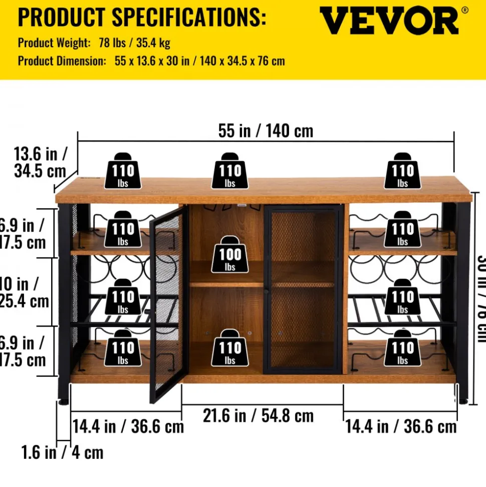 VEVOR Industrial Bar Cabinet, 55 Inch Rustic Oak, 330 LBS Wine Table for Liquor with Wine Racks (24 Bottles), Glass Holders and Metal Sideboard, Farmhouse Wood Coffee Bar for Living Room, Dining Room
