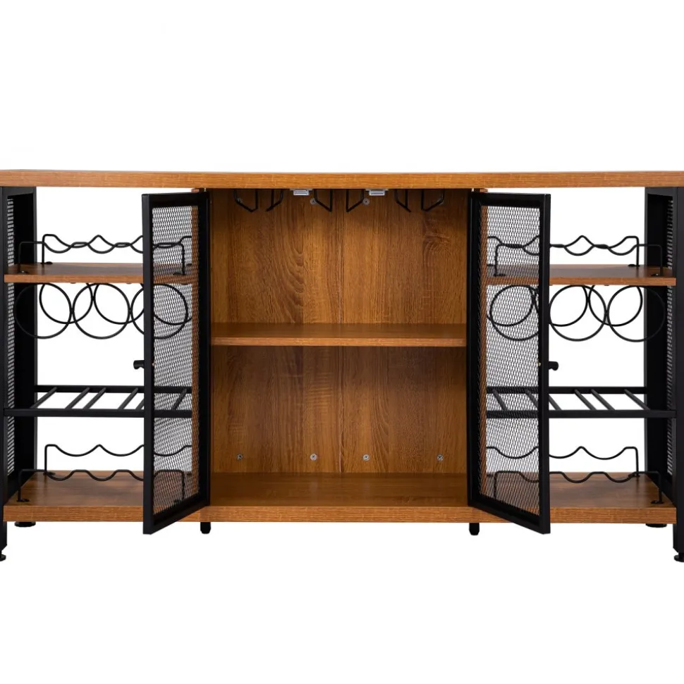 VEVOR Industrial Bar Cabinet, 55 Inch Rustic Oak, 330 LBS Wine Table for Liquor with Wine Racks (24 Bottles), Glass Holders and Metal Sideboard, Farmhouse Wood Coffee Bar for Living Room, Dining Room