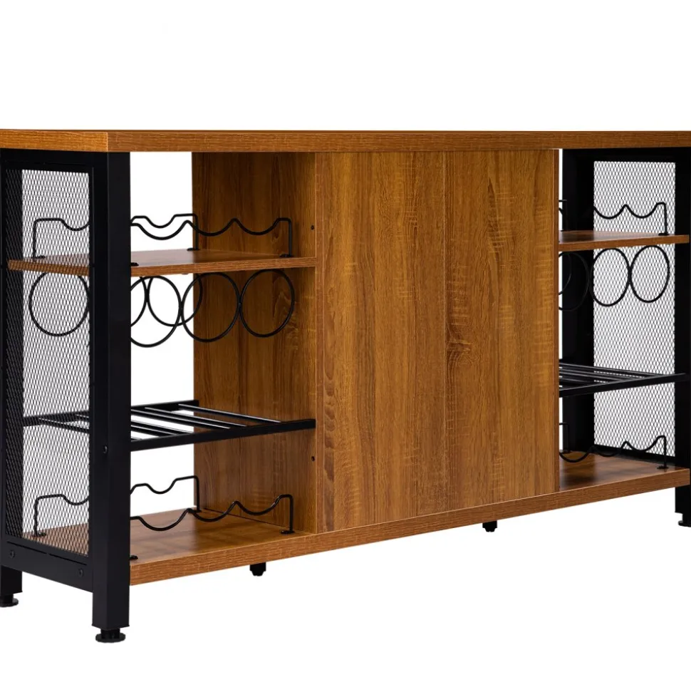 VEVOR Industrial Bar Cabinet, 55 Inch Rustic Oak, 330 LBS Wine Table for Liquor with Wine Racks (24 Bottles), Glass Holders and Metal Sideboard, Farmhouse Wood Coffee Bar for Living Room, Dining Room