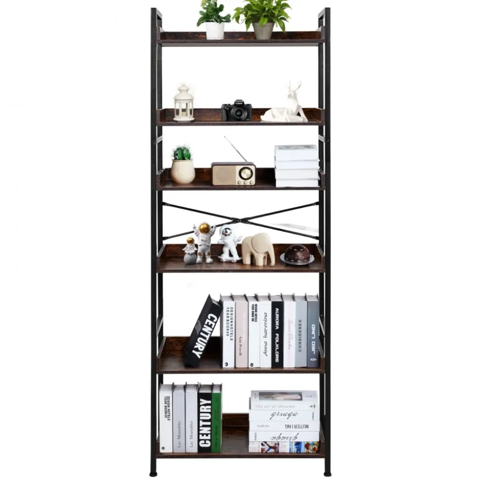 VEVOR Industrial Bookshelf, 6-Tier, Vintage Ladder Shelf Bookshelves and Bookcases, with Metal Frame, Book Organizer with Open Shelves, for Living Room, Bedroom, Kitchen, Home Office, Rustics Brown