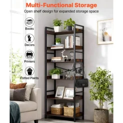 VEVOR Industrial Bookshelf, 6-Tier, Vintage Ladder Shelf Bookshelves and Bookcases, with Metal Frame, Book Organizer with Open Shelves, for Living Room, Bedroom, Kitchen, Home Office, Rustics Brown