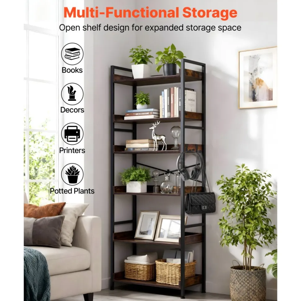 VEVOR Industrial Bookshelf, 6-Tier, Vintage Ladder Shelf Bookshelves and Bookcases, with Metal Frame, Book Organizer with Open Shelves, for Living Room, Bedroom, Kitchen, Home Office, Rustics Brown
