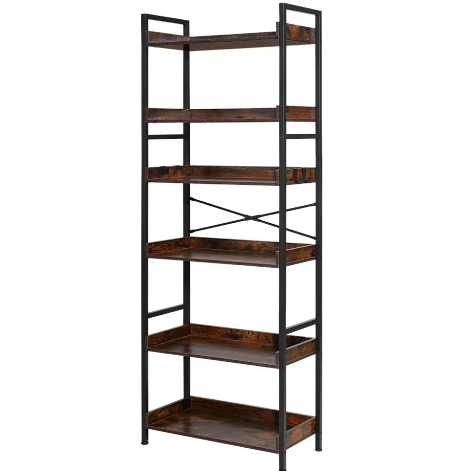 VEVOR Industrial Bookshelf, 6-Tier, Vintage Ladder Shelf Bookshelves and Bookcases, with Metal Frame, Book Organizer with Open Shelves, for Living Room, Bedroom, Kitchen, Home Office, Rustics Brown