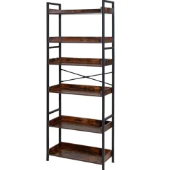 VEVOR Industrial Bookshelf, 6-Tier, Vintage Ladder Shelf Bookshelves and Bookcases, with Metal Frame, Book Organizer with Open Shelves, for Living Room, Bedroom, Kitchen, Home Office, Rustics Brown
