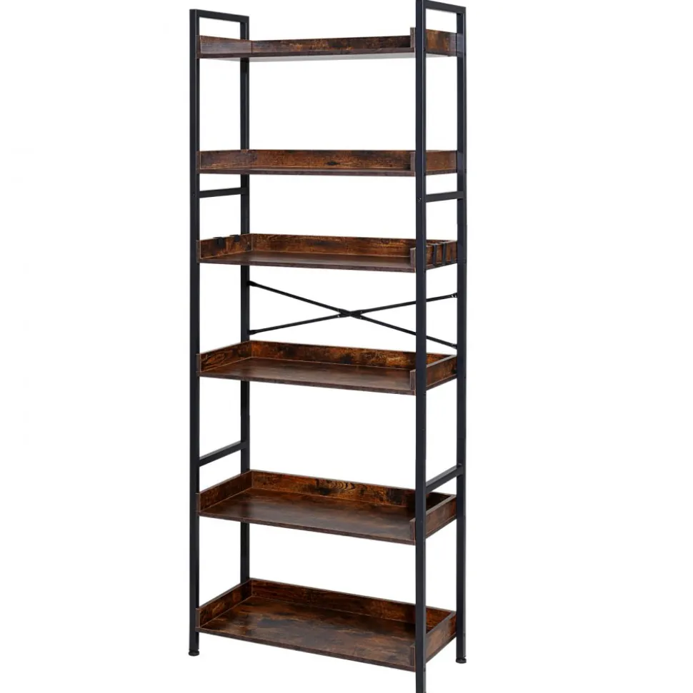 VEVOR Industrial Bookshelf, 6-Tier, Vintage Ladder Shelf Bookshelves and Bookcases, with Metal Frame, Book Organizer with Open Shelves, for Living Room, Bedroom, Kitchen, Home Office, Rustics Brown