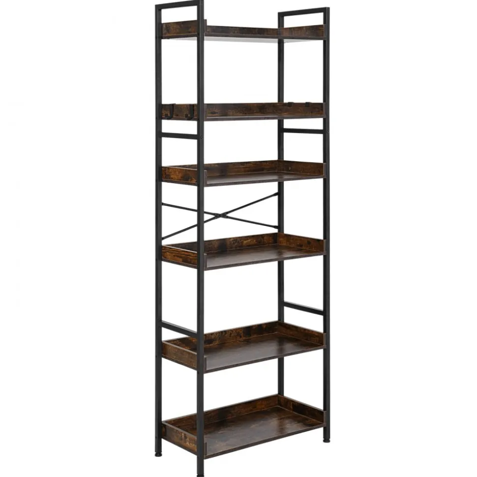 VEVOR Industrial Bookshelf, 6-Tier, Vintage Ladder Shelf Bookshelves and Bookcases, with Metal Frame, Book Organizer with Open Shelves, for Living Room, Bedroom, Kitchen, Home Office, Rustics Brown