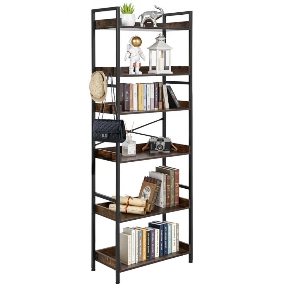 VEVOR Industrial Bookshelf, 6-Tier, Vintage Ladder Shelf Bookshelves and Bookcases, with Metal Frame, Book Organizer with Open Shelves, for Living Room, Bedroom, Kitchen, Home Office, Rustics Brown