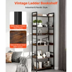 VEVOR Industrial Bookshelf, 6-Tier, Vintage Ladder Shelf Bookshelves and Bookcases, with Metal Frame, Book Organizer with Open Shelves, for Living Room, Bedroom, Kitchen, Home Office, Rustics Brown