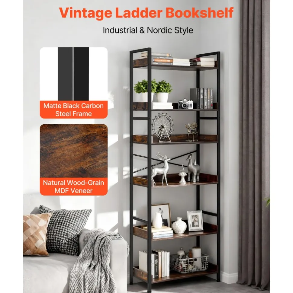 VEVOR Industrial Bookshelf, 6-Tier, Vintage Ladder Shelf Bookshelves and Bookcases, with Metal Frame, Book Organizer with Open Shelves, for Living Room, Bedroom, Kitchen, Home Office, Rustics Brown