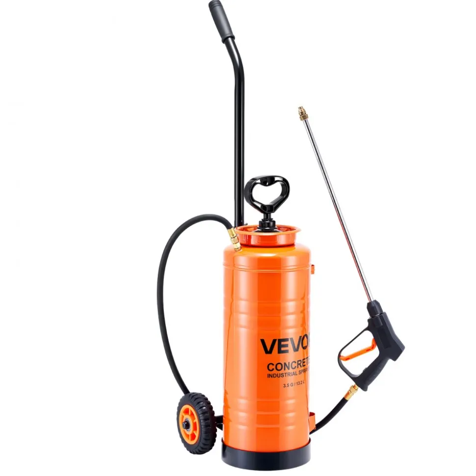 VEVOR Industrial Concrete Sprayer with Wheeled Cart, 3.5 Gallon Stainless Steel Sprayer, Heavy Duty Tri-Poxy Pump Sprayers, 20.5"Wand, 48" & 120"Hoses, 2 Brass Nozzles for Construction, Lawn & Garden