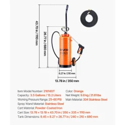 VEVOR Industrial Concrete Sprayer with Wheeled Cart, 3.5 Gallon Stainless Steel Sprayer, Heavy Duty Tri-Poxy Pump Sprayers, 20.5