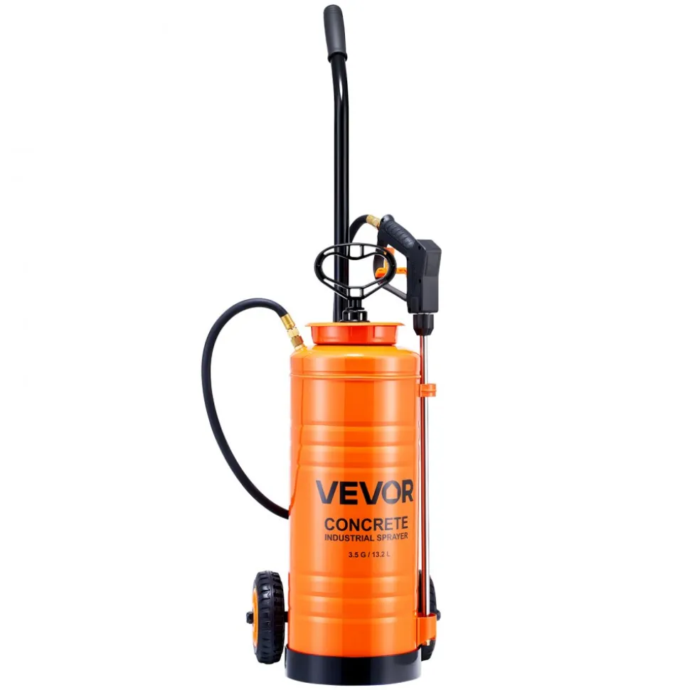 VEVOR Industrial Concrete Sprayer with Wheeled Cart, 3.5 Gallon Stainless Steel Sprayer, Heavy Duty Tri-Poxy Pump Sprayers, 20.5"Wand, 48" & 120"Hoses, 2 Brass Nozzles for Construction, Lawn & Garden