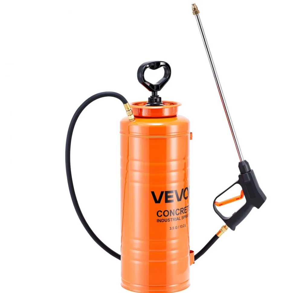 VEVOR Industrial Concrete Sprayer, 3.5 Gallon Stainless Steel Sprayer, Heavy Duty Tri-Poxy Pump Sprayers, 20.5"Wand with Ergonomic Gun Handle, 48"& 120"Hose, 2 Brass Nozzles for Construction, Garden