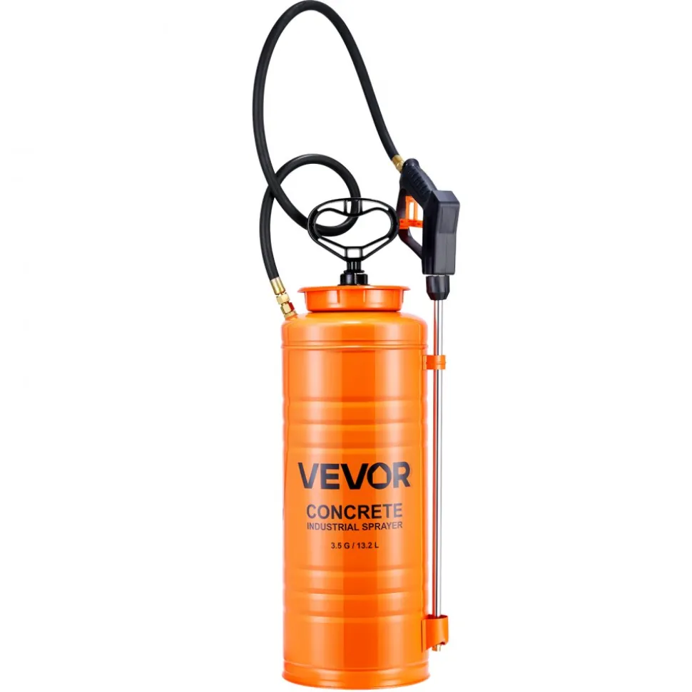 VEVOR Industrial Concrete Sprayer, 3.5 Gallon Stainless Steel Sprayer, Heavy Duty Tri-Poxy Pump Sprayers, 20.5"Wand with Ergonomic Gun Handle, 48"& 120"Hose, 2 Brass Nozzles for Construction, Garden