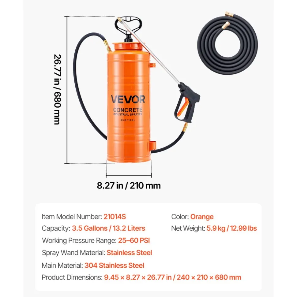 VEVOR Industrial Concrete Sprayer, 3.5 Gallon Stainless Steel Sprayer, Heavy Duty Tri-Poxy Pump Sprayers, 20.5"Wand with Ergonomic Gun Handle, 48"& 120"Hose, 2 Brass Nozzles for Construction, Garden