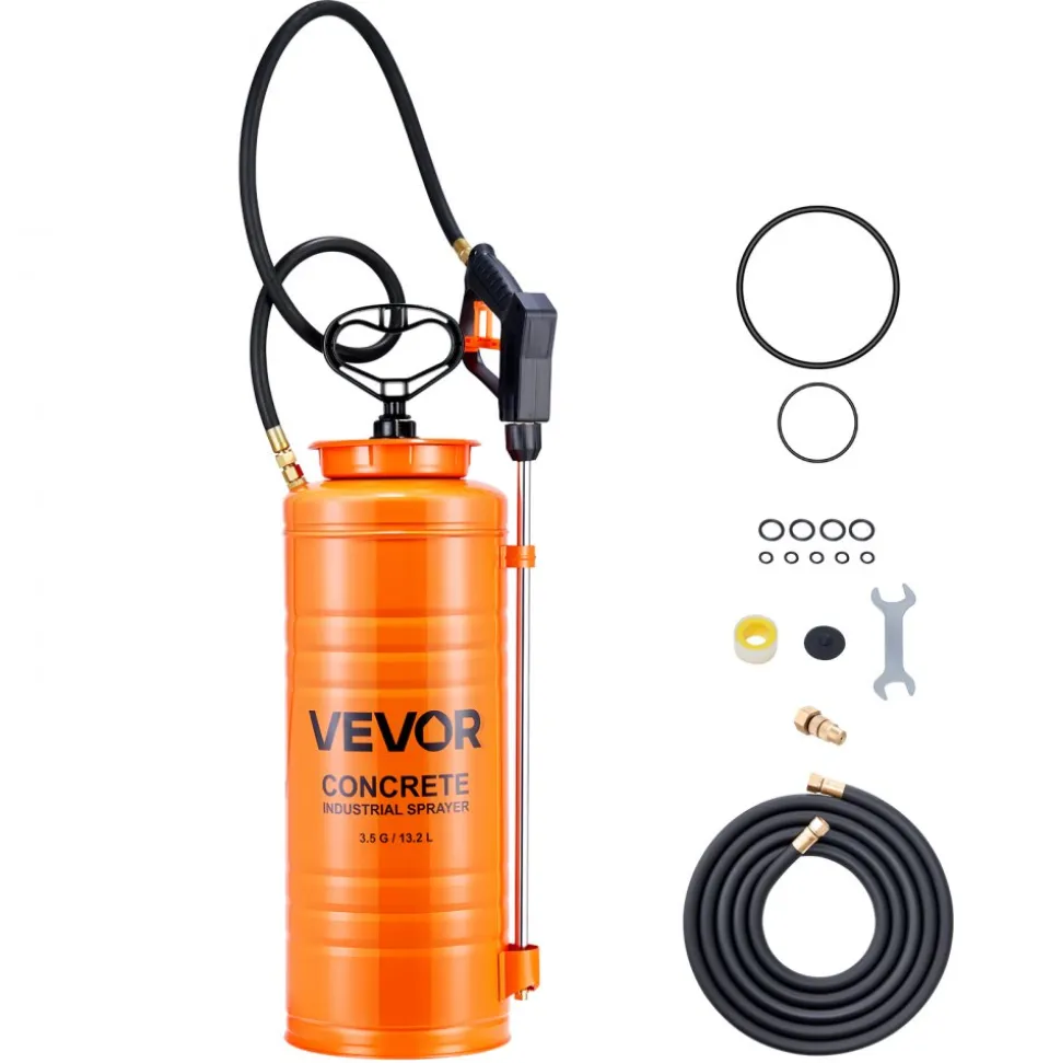 VEVOR Industrial Concrete Sprayer, 3.5 Gallon Stainless Steel Sprayer, Heavy Duty Tri-Poxy Pump Sprayers, 20.5"Wand with Ergonomic Gun Handle, 48"& 120"Hose, 2 Brass Nozzles for Construction, Garden