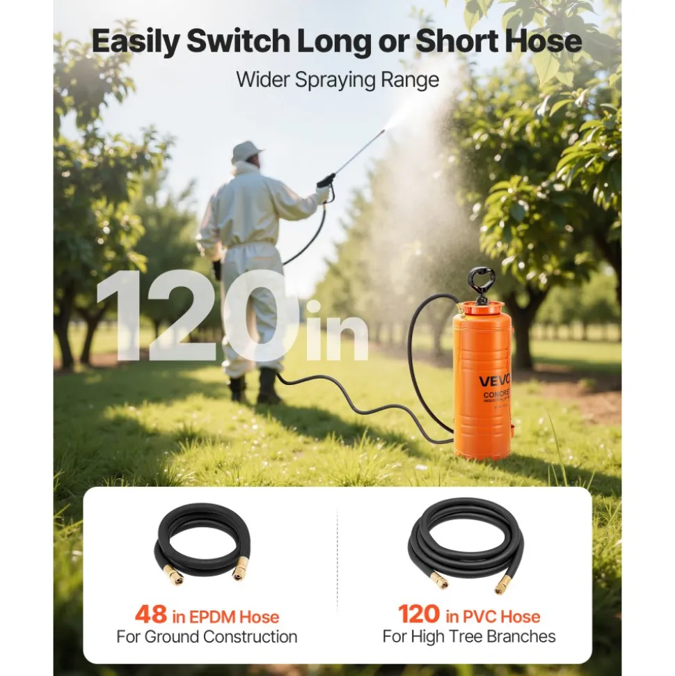 VEVOR Industrial Concrete Sprayer, 3.5 Gallon Stainless Steel Sprayer, Heavy Duty Tri-Poxy Pump Sprayers, 20.5"Wand with Ergonomic Gun Handle, 48"& 120"Hose, 2 Brass Nozzles for Construction, Garden