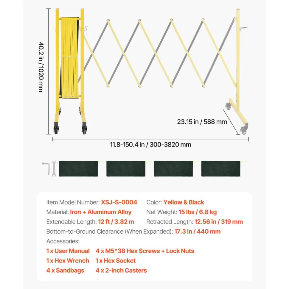 VEVOR Industrial Expandable Barricade, 12FT Expandable Safety Barrier, Flaxible Mobile Barricade with Locking Casters, Portable Folding Security Gate Traffic Fence for Driveway Warehouse Elevator