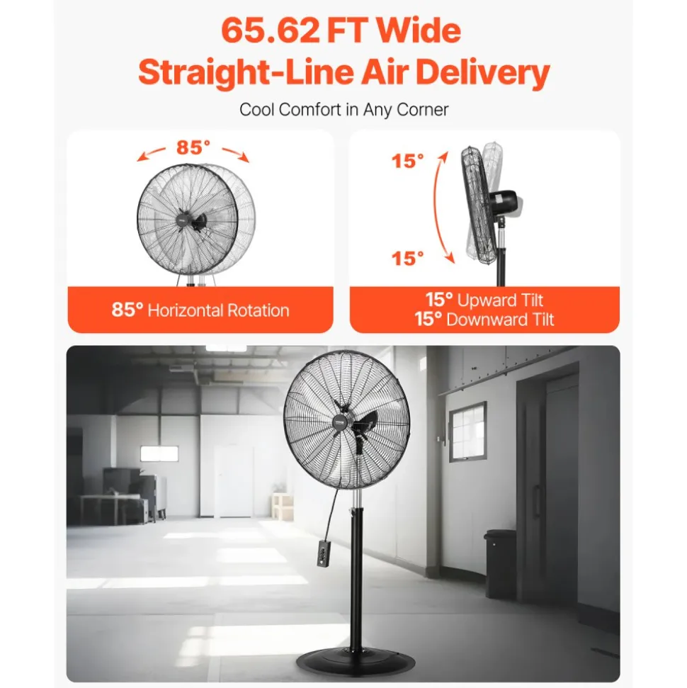 VEVOR Industrial Pedestal Fan, 30 Inch 85-Degree Oscillating Fan, Height Adjustable Standing Fans with 3 Adjustable Speeds, High Power Fans for Warehouse,Garage,Commercial, Black