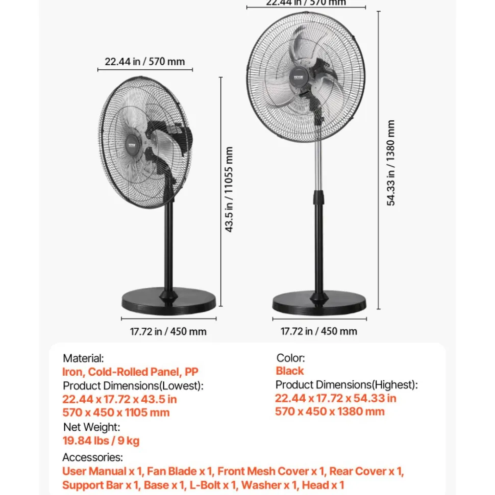 VEVOR Industrial Pedestal Fan, 20 Inch 90-Degree Oscillating Fan, Height Adjustable Standing Fans with 3 Adjustable Speeds, High Power Fans for Warehouse,Garage,Commercial, Black