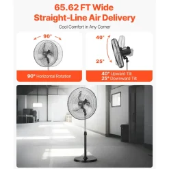 VEVOR Industrial Pedestal Fan, 20 Inch 90-Degree Oscillating Fan, Height Adjustable Standing Fans with 3 Adjustable Speeds, High Power Fans for Warehouse,Garage,Commercial, Black