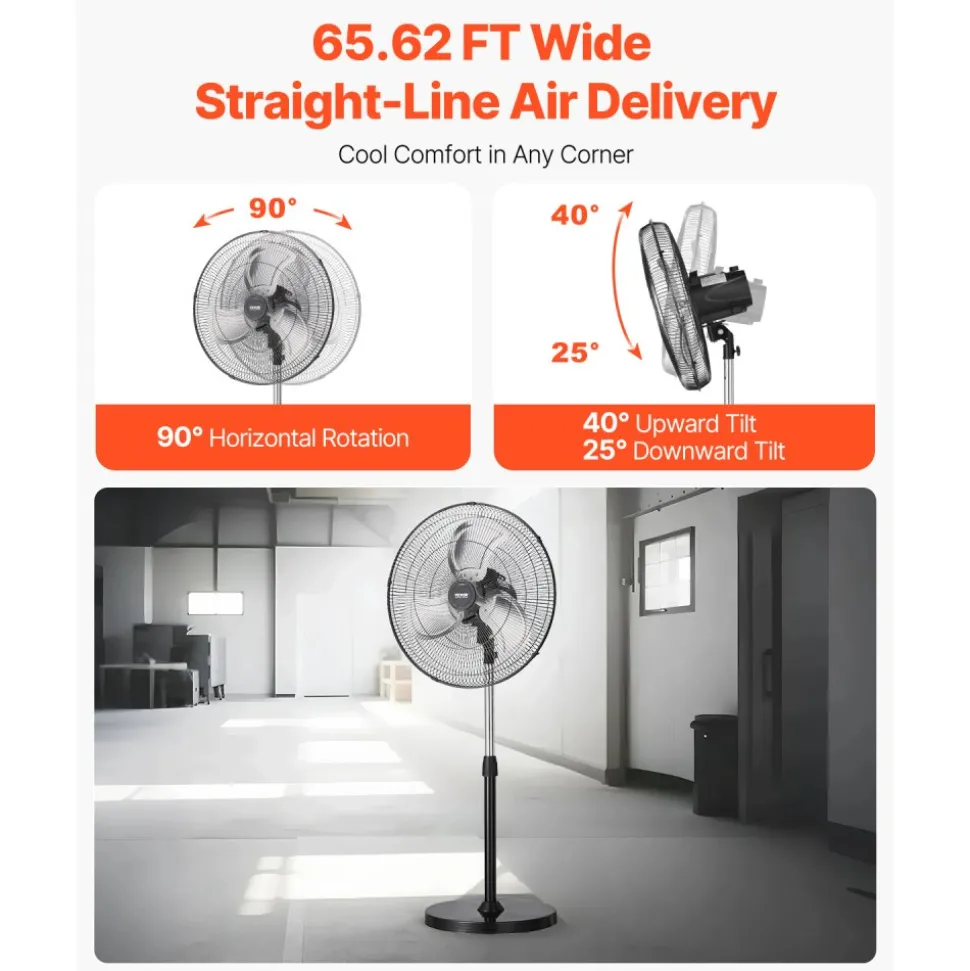 VEVOR Industrial Pedestal Fan, 20 Inch 90-Degree Oscillating Fan, Height Adjustable Standing Fans with 3 Adjustable Speeds, High Power Fans for Warehouse,Garage,Commercial, Black