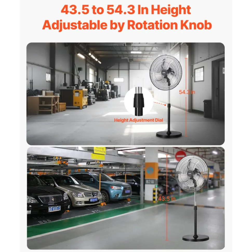 VEVOR Industrial Pedestal Fan, 20 Inch 90-Degree Oscillating Fan, Height Adjustable Standing Fans with 3 Adjustable Speeds, High Power Fans for Warehouse,Garage,Commercial, Black