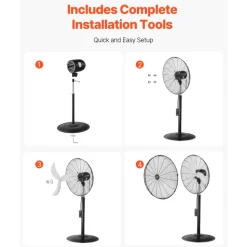 VEVOR Industrial Pedestal Fan, 24 Inch 85-Degree Oscillating Fan, Height Adjustable Standing Fans with 3 Adjustable Speeds, High Power Fans for Warehouse,Garage,Commercial, Black