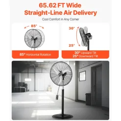 VEVOR Industrial Pedestal Fan, 24 Inch 85-Degree Oscillating Fan, Height Adjustable Standing Fans with 3 Adjustable Speeds, High Power Fans for Warehouse,Garage,Commercial, Black
