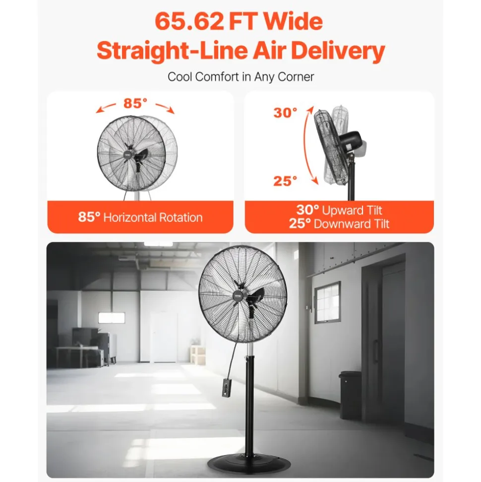 VEVOR Industrial Pedestal Fan, 24 Inch 85-Degree Oscillating Fan, Height Adjustable Standing Fans with 3 Adjustable Speeds, High Power Fans for Warehouse,Garage,Commercial, Black