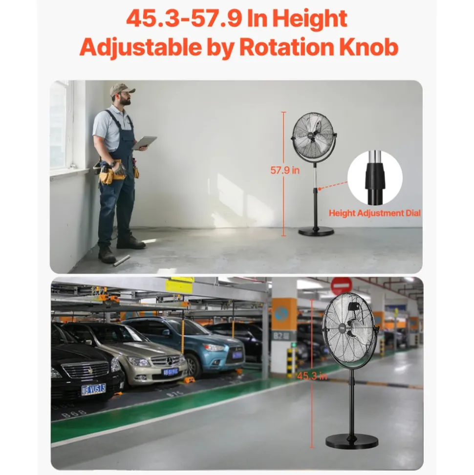 VEVOR Industrial Pedestal Fan, 18 Inch Standing Fan with 45.3 to 57.9 Inches Adjustable Height, Floor Fans with 3 Adjustable Speeds, High Power Fans for Warehouse,Garage,Commercial,Residential, Black