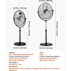 VEVOR Industrial Pedestal Fan, 18 Inch Standing Fan with 45.3 to 57.9 Inches Adjustable Height, Floor Fans with 3 Adjustable Speeds, High Power Fans for Warehouse,Garage,Commercial,Residential, Black