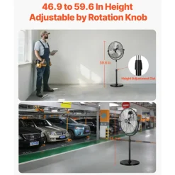 VEVOR Industrial Pedestal Fan, 20 Inch Standing Fan with 46.9 to 59.6 Inches Adjustable Height, Floor Fans with 3 Adjustable Speeds, High Power Fans for Warehouse,Garage,Commercial,Residential, Black