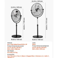 VEVOR Industrial Pedestal Fan, 20 Inch Standing Fan with 46.9 to 59.6 Inches Adjustable Height, Floor Fans with 3 Adjustable Speeds, High Power Fans for Warehouse,Garage,Commercial,Residential, Black