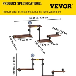 VEVOR Industrial Pipe Shelving, Pipe Shelves with 4-Tier Wood Planks, Rustic Floating Shelves Wall Mounted, Wall Shelf DIY Bookshelf for Bar Kitchen Bathroom Farmhouse Living Room, 51x25x9 inch