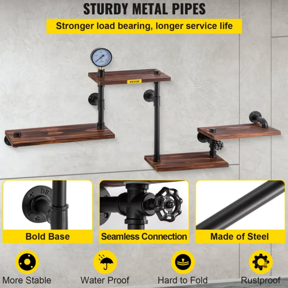VEVOR Industrial Pipe Shelving, Pipe Shelves with 4-Tier Wood Planks, Rustic Floating Shelves Wall Mounted, Wall Shelf DIY Bookshelf for Bar Kitchen Bathroom Farmhouse Living Room, 51x25x9 inch
