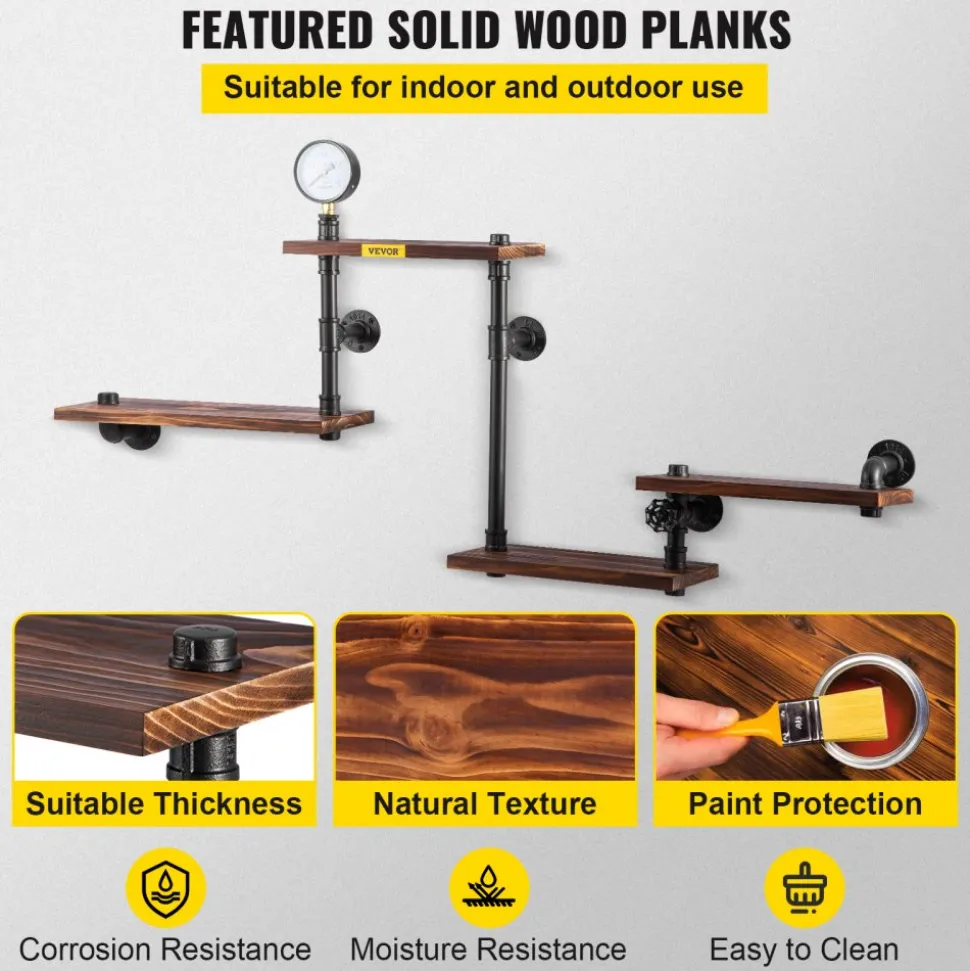 VEVOR Industrial Pipe Shelving, Pipe Shelves with 4-Tier Wood Planks, Rustic Floating Shelves Wall Mounted, Wall Shelf DIY Bookshelf for Bar Kitchen Bathroom Farmhouse Living Room, 51x25x9 inch