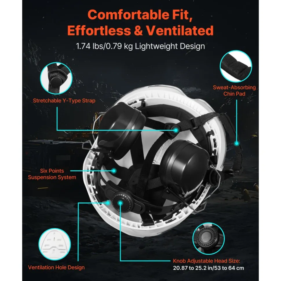 VEVOR Industrial Safety Helmet, ANSI/ISEA Z89.1 Approved ABS Hard Hat with Visor & Earmuffs, 6-Point Ratchet Suspension, Adjustable Vented Hardhat for Men & Women, for Outdoor Construction Workwear