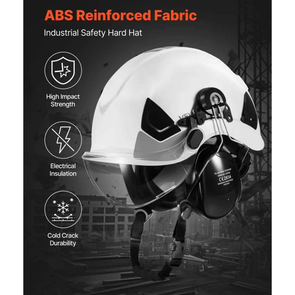 VEVOR Industrial Safety Helmet, ANSI/ISEA Z89.1 Approved ABS Hard Hat with Visor & Earmuffs, 6-Point Ratchet Suspension, Adjustable Vented Hardhat for Men & Women, for Outdoor Construction Workwear