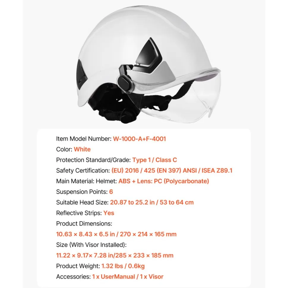 VEVOR Industrial Safety Helmet, ANSI/ISEA Z89.1 Approved ABS Hard Hat with Visor & 6-Point Ratchet Suspension, Adjustable Vented Hardhat for Men & Women, for Outdoor and Indoor Construction Workwear