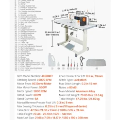 VEVOR Industrial Sewing Machine, 550W Lockstitch Sewing Machine Set with Servo Motor and Table Stand, Auto Thread Trimmer, 5000 SPM High Speed, Metal Frame, LCD Panel, LED Light, for Cotton, Denim, The Table Stand and the machine head Are Shipped Separately.