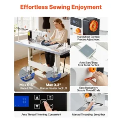 VEVOR Industrial Sewing Machine, 550W Lockstitch Sewing Machine Set with Servo Motor and Table Stand, Auto Thread Trimmer, 5000 SPM High Speed, Metal Frame, LCD Panel, LED Light, for Cotton, Denim, The Table Stand and the machine head Are Shipped Separately.