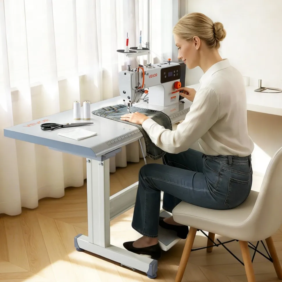 VEVOR Industrial Sewing Machine, 550W Lockstitch Sewing Machine Set with Servo Motor and Table Stand, 5000 SPM High Speed, Metal Frame, LCD Panel, LED Light, for Cotton, Wool, Denim, Leather, Canvas,The Table Stand and The Machine Head Are Shipped Separately.