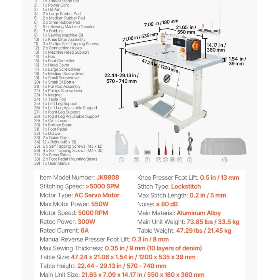 VEVOR Industrial Sewing Machine, 550W Lockstitch Sewing Machine Set with Servo Motor and Table Stand, 5000 SPM High Speed, Metal Frame, LCD Panel, LED Light, for Cotton, Wool, Denim, Leather, Canvas,The Table Stand and The Machine Head Are Shipped Separately.