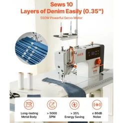 VEVOR Industrial Sewing Machine, 550W Lockstitch Sewing Machine Set with Servo Motor and Table Stand, 5000 SPM High Speed, Metal Frame, LCD Panel, LED Light, for Cotton, Wool, Denim, Leather, Canvas,The Table Stand and The Machine Head Are Shipped Separately.