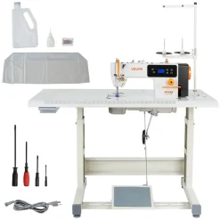 VEVOR Industrial Sewing Machine, 550W Lockstitch Sewing Machine Set with Servo Motor and Table Stand, 5000 SPM High Speed, Metal Frame, LCD Panel, LED Light, for Cotton, Wool, Denim, Leather, Canvas,The Table Stand and The Machine Head Are Shipped Separately.